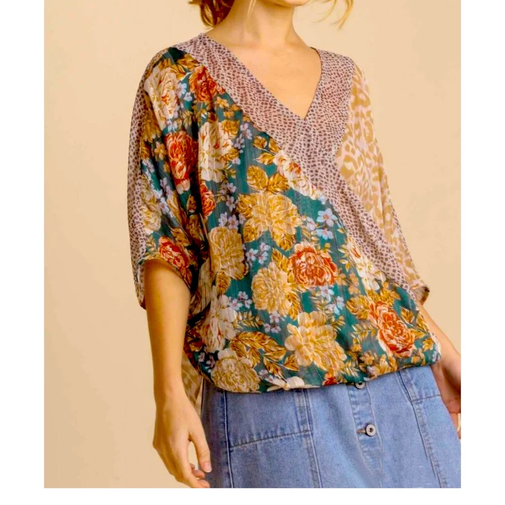 Umgee Floral and Animal Surplice Top in Forest Mix; Sz XL.